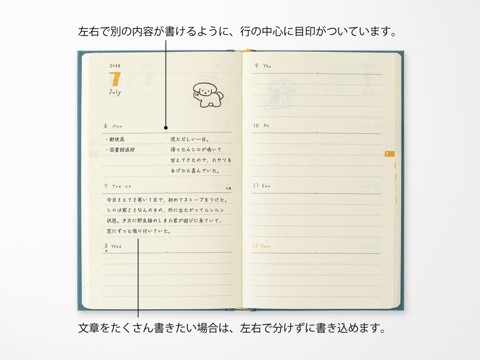 Midori Book Style Diary 2026 - Blue Green Dog