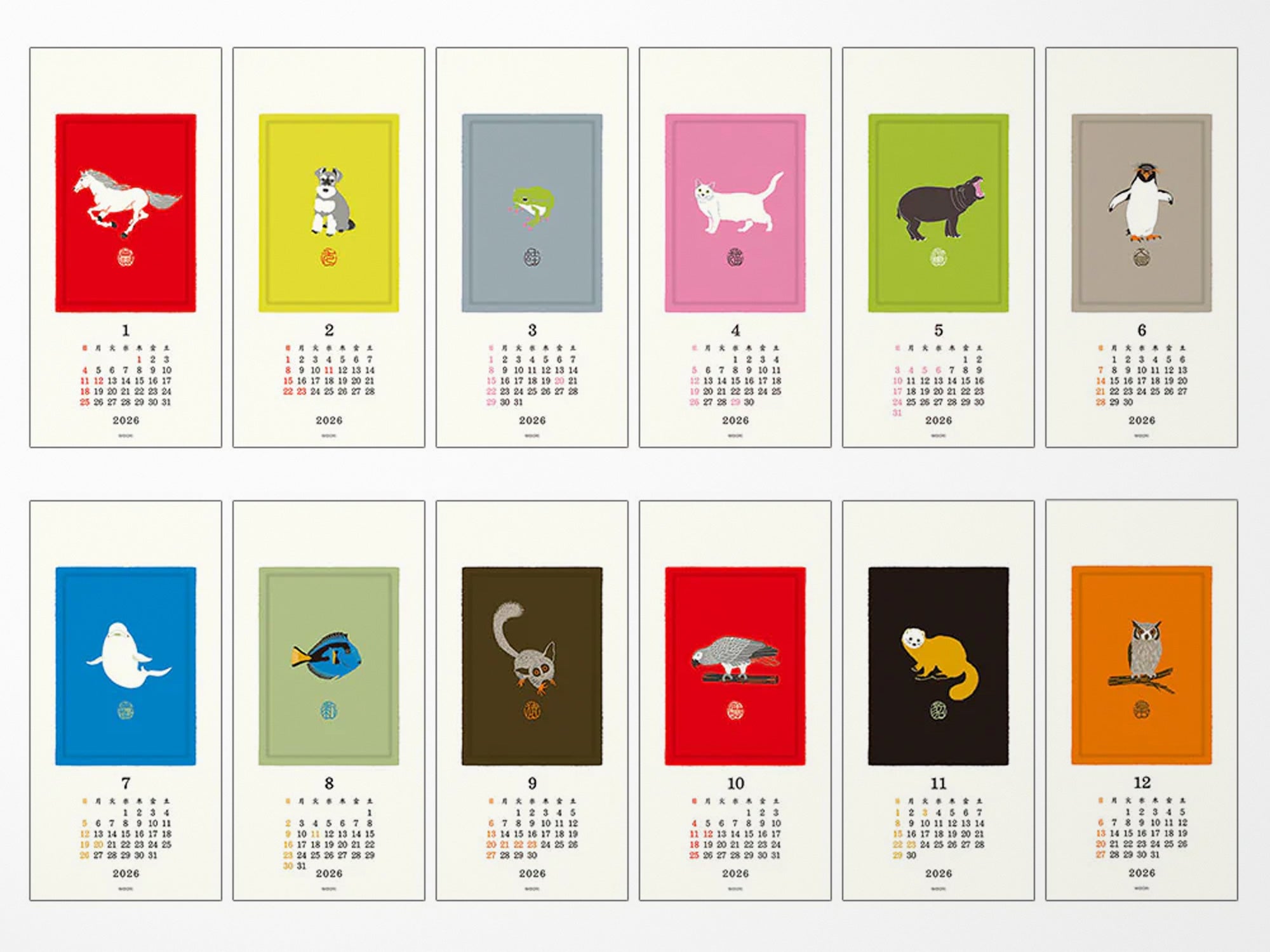 Midori Wall Calendar 2026 - Echizen Washi Animals